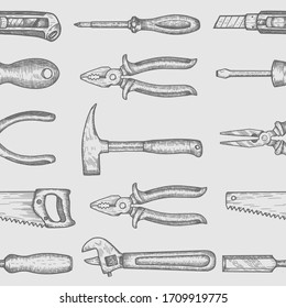 Hand tools seamless pattern. Collection of hand drawn engraved graphic. Vector illustration