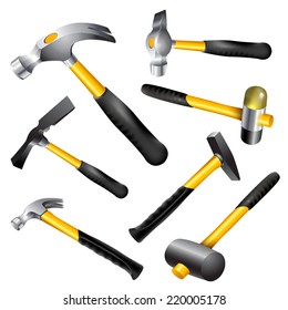 Hand tools series. Set of hand hammers (mallets), isolated on a white background. Vector illustration