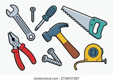 Conjunto de herramientas de mano para la construcción y reparación sobre fondo blanco Vector
