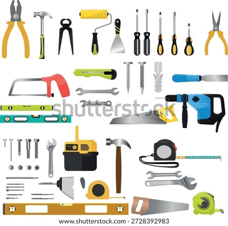 Hand Tools Set Illustration, Pliers Screwdriver Wrench and Repair Equipment Vector
