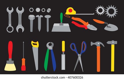 Hand tools set. Screwdrivers, screws, nuts, gears, trowel, paint brush, crimper, measuring tape, chisel, saw, crimper, scissors, and hammers.