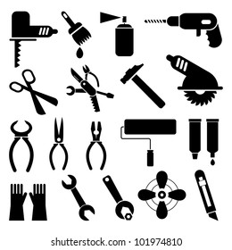 Hand tools - set of vector icons. Isolated black symbols on white background. Work tools signs, pictograms.