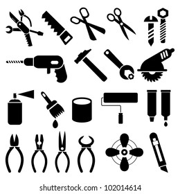 Hand tools - set of vector icons. Isolated black symbols on white background. Work tools signs, pictograms.