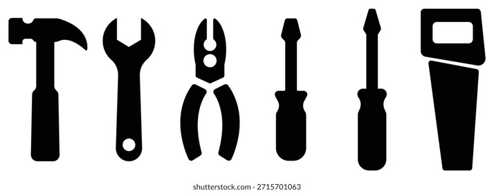 Conjunto de silueta de herramientas de mano, Iconos de equipos de reparación, colección de herramientas de construcción