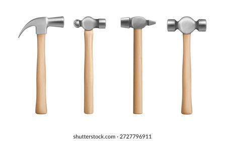 Hand tools for striking, pounding or driving objects. Vector realistic collection of hammers, mallets for fixing and repairing work. Construction, carpentry and metalworking instruments set