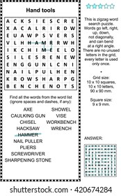 Hand tools themed zigzag word search puzzle (suitable both for kids and adults). Answer included.
