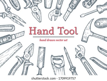 Hand tools top view frame. Collection of hand drawn engraved graphic. Vector illustration
