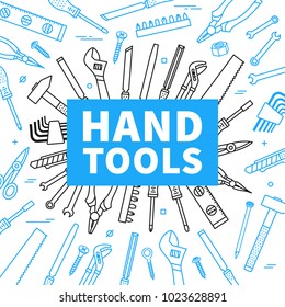 Hand tools vector illustration. Instruments for renovation and working line art square banner. Hand tools for construction and repair linear (outline) graphic design.