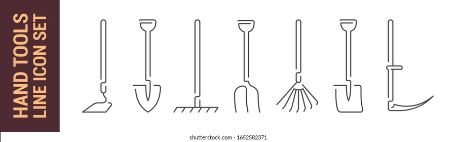 Hand tools vector isolated line icon set. Rakes, shovels, scythe. Collection