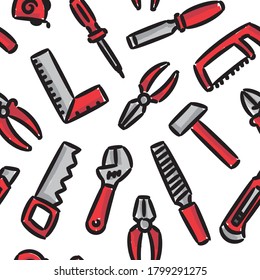 Hand tools vector seamless pattern. Red color instruments for renovation and working cartoon style concept. Hand tools for construction and repair graphic design.
