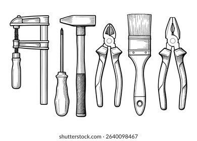 Hand Tools Vector Set Black and White Outline Pliers Isolated on White Background
