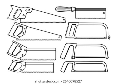 Hand Tools Vector Set Black and White Outline Saw Collection Isolated on White Background