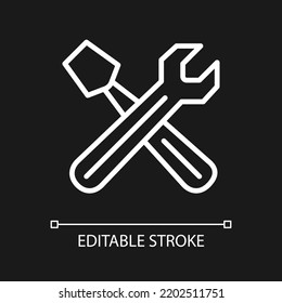 Hand tools white linear icon for dark theme. Automobile repair workshop. Settings menu. Wrench and screwdriver. Thin line illustration. Isolated symbol for night mode. Editable stroke. Arial font used