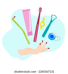 A hand and toothbrush, dental floss, interdental brush, toothpaste and tongue scraper. Dental hygiene, whitening and treatment, flat vector illustration isolated on blue background.