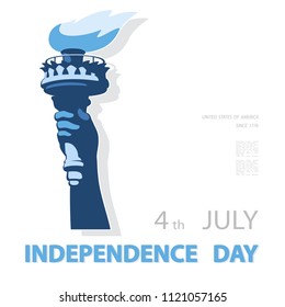 Hand with torch. Independence Day. 2018. Green, blue Linear picture. USA. Poster. Statue of Liberty. National Symbol America. white, Background. Use presentation, report, postcard, flat banner, vector