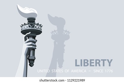 Hand with torch Independence Day. Black and white Linear picture. USA. Poster. Statue of Liberty. Symbol America.Illustration gray Background. Use presentation, report, postcard, flat banner, vector