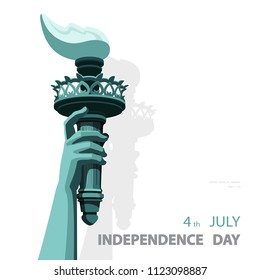 Hand with torch Independence Day. Creative Green  Linear picture. USA. Poster. Statue of Liberty. National Symbol America. White Background. Use presentation, report, postcard, flat banner,vector