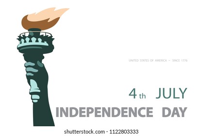 Hand with torch. Independence Day, Green Linear Picture. USA. Poster. Statue of Liberty. New York. National Symbol of America.white,Background. Use the presentation,report, flyer, flat banner,vector