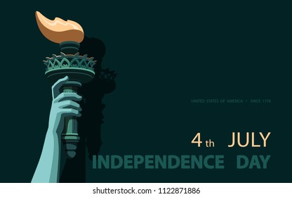 Hand with torch Independence Day. Green, yellow Linear picture. USA. Poster. Statue of Liberty. National Symbol America. Dark, black Background. Use presentation, report, postcard, flat banner,vector