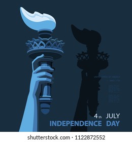 Hand with torch Independence Day. Green, blue Linear picture. USA. Poster. Statue of Liberty. National Symbol America. Dark, black Background. Use presentation, report, postcard, flat banner, vector