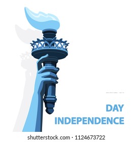 Hand with torch Independence Day. Green, blue Linear picture. USA. Poster. Statue of Liberty. National Symbol America. White Background. Use presentation, report, postcard, flat banner, vector