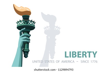 Hand with torch Independence Day. Green yellow Linear picture. USA. Poster. Statue of Liberty. Symbol America. Illustration, white Background. Use presentation, report, postcard, flat banner, vector