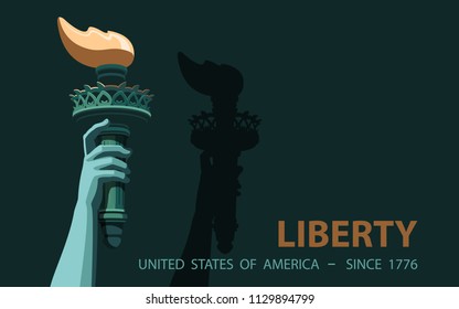 Hand with torch Independence Day. Green, yellow Linear picture. USA. Poster. Statue of Liberty. Symbol America. Illustration Dark black Background.Use presentation, report,postcard, flat banner,vector
