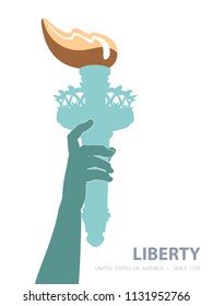 Hand with torch Independence Day. Green yellow Linear picture. USA. Poster. Statue of Liberty. Symbol America. Illustration, white Background.Use presentation, report, postcard, flat banner, vector