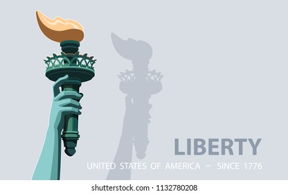 Hand with torch. Independence Day. Green yellow Linear picture. USA. Poster. Statue of Liberty. Symbol America. Illustration, gray Background.Use presentation, report, postcard, flat banner, vector