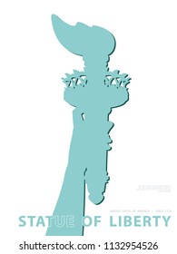 Hand with torch Independence Day. Green yellow Linear picture. USA. Poster. Statue of Liberty. Symbol America. Illustration, white Background.Use presentation,report, postcard, flat banner, vector