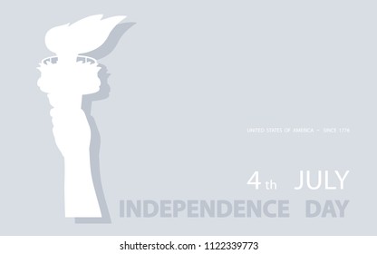 Hand with torch. Independence Day. white Linear Picture. USA. Statute of Liberty. National Symbol of America. gray background Style of paper cutting.Use presentation,report,postcard, flat banner,vecto