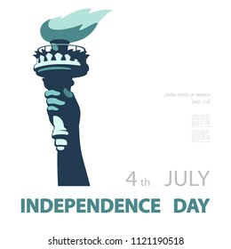 Hand with torch. Independence Day.Green, blue Linear Picture. USA. Poster. Statue of Liberty. National Symbol of America.white,Background.Use the presentation,report, flyer, flat banner,vector