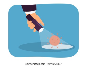 Hand with torch lighting up coronavirus bacteria. Human analyzing cell or microbe flat vector illustration. Microbiology, epidemic, infection concept for banner, website design or landing web page