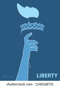 Hand with torch. Silhouette. Blue Linear image. USA. Poster. Statue of Liberty. Symbol of America.Illustration, dark background.Use a presentation, report,leaflet, pen for writing,flat banner,vector
