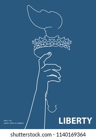 Hand with torch. Silhouette. Blue Linear image. USA. Poster. Statue of Liberty. Symbol of America.Illustration, dark background.Use a presentation, report,leaflet, pen for writing,flat banner,vector
