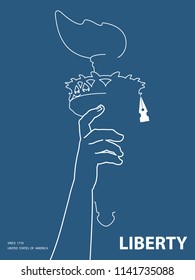 Hand with torch. Silhouette. Blue Linear image. USA. Poster. Statue of Liberty. Symbol of America.Illustration, dark background.Use a presentation, report,leaflet, pen for writing,flat banner,vector