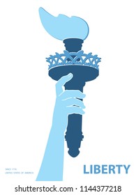 Hand with torch. Silhouette. Blue Linear image. USA. Poster. Statue of Liberty. Symbol of America. Illustration, white background. Use a presentation, report,leaflet, pen for writing,flat banner,vecto