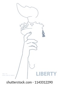 Hand with torch. Silhouette, Gray Linear image. USA. Poster. Statue of Liberty. Symbol of America.Illustration, white background.Use a presentation, report,leaflet, pen for writing,flat banner,vector
