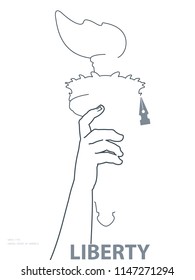Hand with torch. Silhouette, Gray Linear image. USA. Poster. Statue of Liberty. Symbol of America.Illustration, white background.Use a presentation, report,leaflet, pen for writing,flat banner,vector
