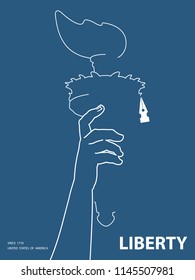 Hand with torch. Silhouette. White Linear image. USA. Poster. Statue of Liberty. Symbol of America. Illustration, dark background. Use a presentation, report,leaflet, pen for writing,flat banner,vecto