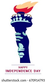 Hand with torch. Statue of Liberty. Independence Day. USA. July 4, Business, street layout. Flat banner. 3D letter font. Illustration green on a white background. 