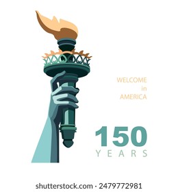 Hand with torch of statue of liberty, New York symbol, banner, advertisement. Statue of Liberty monument. Welcome to America on the 4th of July. Green design, magazine. USA holiday.Vector illustration