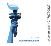 Hand with torch of Statue of Liberty, symbol of America, New York, banner, advertisement. Statue of Liberty. July 4, USA Independence Day. Blue design, presentations, holiday. Vector illustration