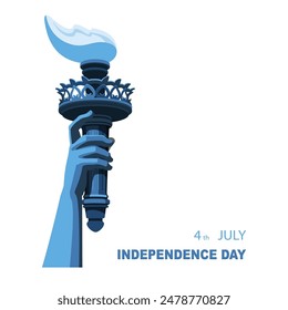 Hand with torch of Statue of Liberty, symbol of America, New York, banner, advertisement. Statue of Liberty. July 4, USA Independence Day. Blue design, presentations, holiday. Vector illustration