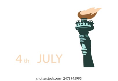 Hand with torch of Statue of Liberty, symbol of America, New York, banner, advertisement. Statue of Liberty. July 4, USA Independence Day. Green design, presentations, holiday. Vector illustration