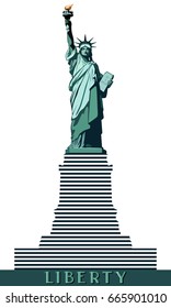 Hand with a torch, Statue of Liberty. USA. July 4th business, street layout. Flat banner, vertical. Font 3D Letters Dark green turquoise, illustration on a white background. Green stripes
