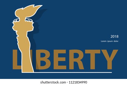 Hand with torch. USA. Statute of Liberty.Independence Day. Gold Linear Picture. National Symbol of America. Blue background Style of paper cutting.Use presentation, report,postcard, flat banner,vector