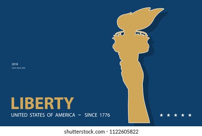 Hand with torch. USA. Statute of Liberty.Independence Day. Gold Linear Picture. National Symbol of America. Blue background Style of paper cutting.Use presentation, report,postcard, flat banner,vector