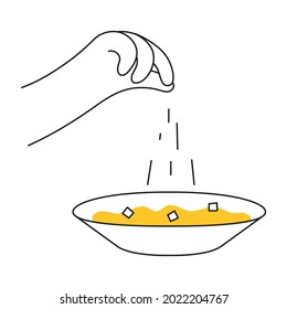 Una mano arrojó un pellizco en un tazón de sopa. Cocinando, preparando la cena. Ilustración vectorial de línea delgada sobre fondo blanco.