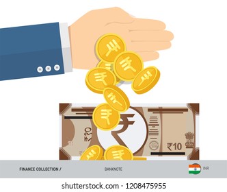 Hand tosses coins near 10 Indian Rupee Banknote. Flat style vector illustration. Finance concept.